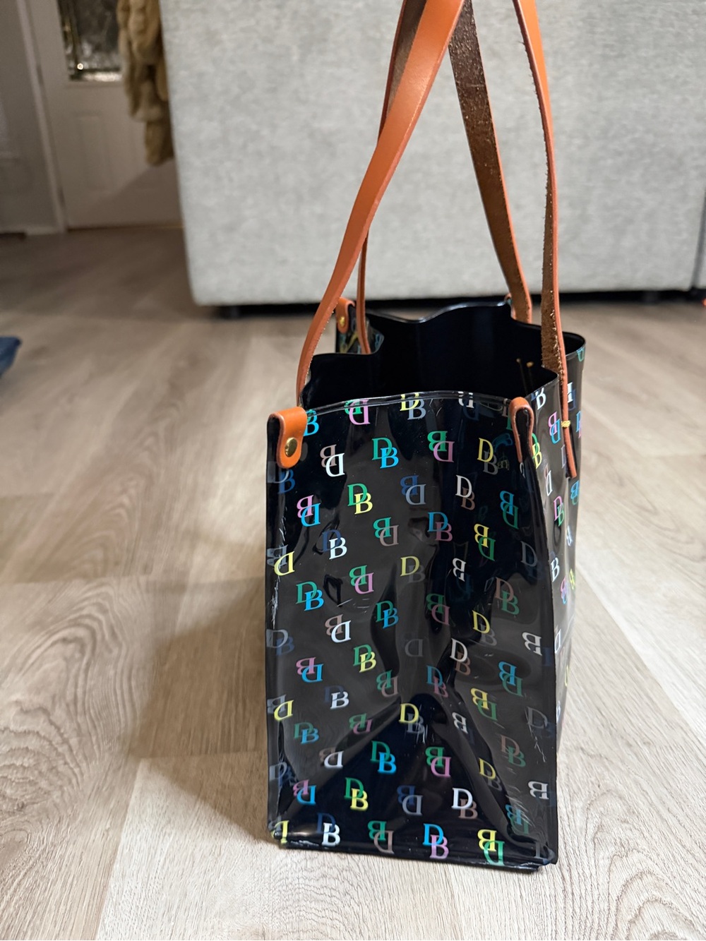Dooney & Bourke Black Multicolor Print Plastic Tote with Brown  Handles - Picture 5 of 11